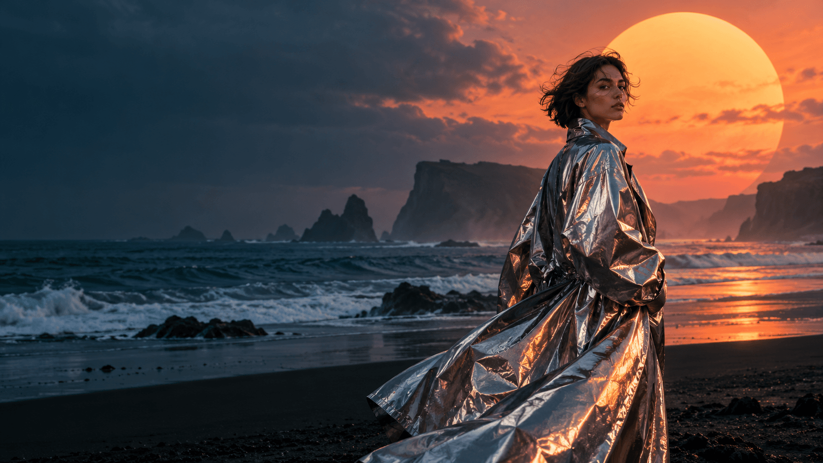 Cena cinematográfica ilustrativa com uma mulher de jaqueta prateada à beira-mar ao pôr do sol